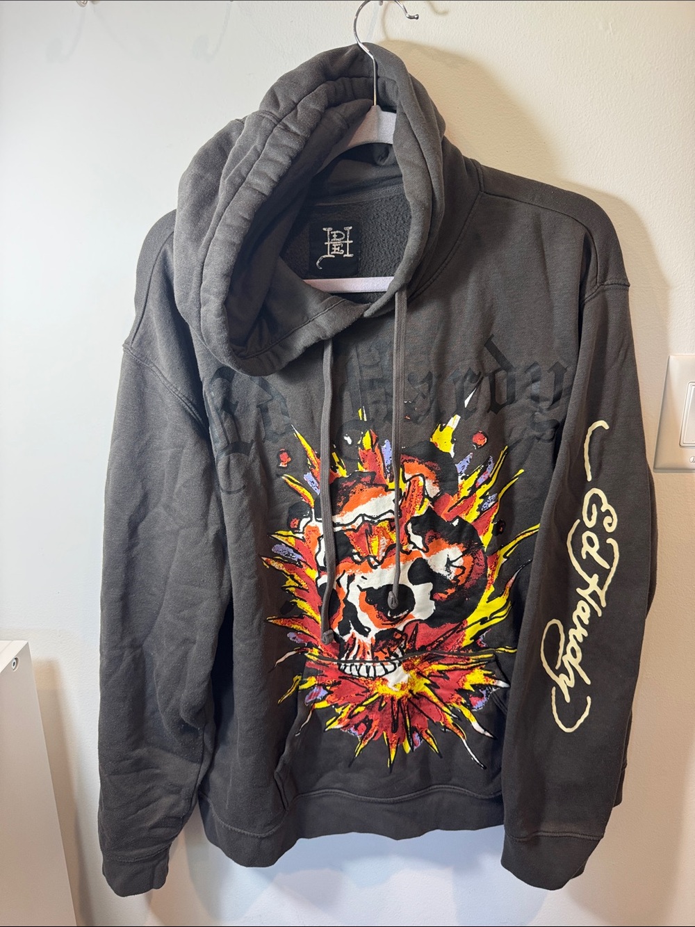 Ed Hardy Dark Gray Hoodie with Fiery Skull Graphic